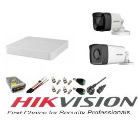 Sistem supraveghere video hikvision 2 camere 5mp turbo hd ir80m si ir40m dvr hikvision 4 canale full accesorii