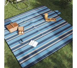 Pătură picnic pliabilă, dungi albastre alb, 200x200 cm catifea