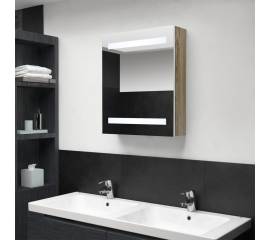 Dulap de baie cu oglindă și led, alb și stejar, 50x14x60 cm