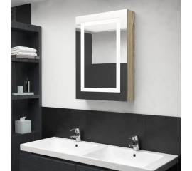 Dulap de baie cu oglindă și led, stejar, 50x13x70 cm