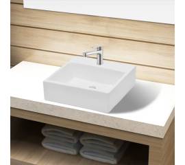 Chiuvetă de baie, ceramică, cu orificiu pentru robinet, alb, pătrat