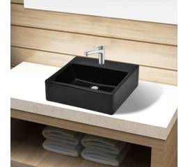 Chiuvetă de baie pătrată din ceramică cu gaură pentru robinet, negru