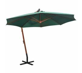 Umbrelă de soare suspendată 350 cm, stâlp din lemn, verde
