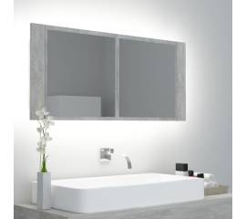Dulap de baie cu oglindă și led, gri beton, 100x12x45 cm