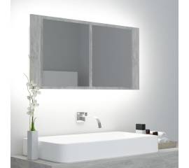 Dulap de baie cu oglindă și led, gri beton, 90x12x45 cm