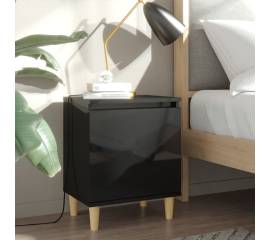 Comodă tv, picioare lemn masiv, negru extralucios, 40x30x50 cm