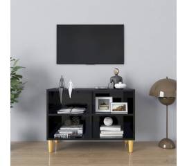 Comodă tv, picioare lemn masiv, negru extralucios 69,5x30x50 cm