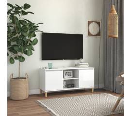 Comodă tv & picioare lemn masiv alb extralucios 103,5x35x50 cm