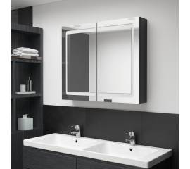 Dulap de baie cu oglindă și led, negru strălucitor, 80x12x68 cm