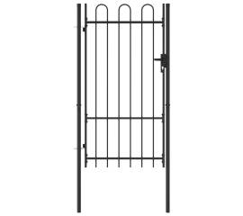 Poartă de gard, o ușă, cu vârf arcuit, negru, 1 x 1,75 m, oțel