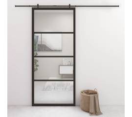 Ușă glisantă, negru, 90x205 cm, aluminiu și sticlă esg