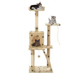 Ansamblu pisici, stâlpi funie sisal,120 cm bej, imprimeu lăbuțe