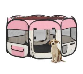 Țarc joacă pliabil câini cu sac de transport roz 125x125x61 cm