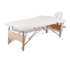 Masă de masaj pliabilă 2 părți cadru din lemn alb-crem