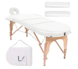 Masă masaj pliabilă, 4 cm grosime, cu 2 perne, alb, oval