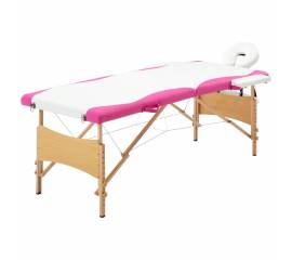Masă pliabilă de masaj, 2 zone, alb și roz, lemn