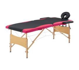 Masă pliabilă de masaj, 2 zone, negru și roz, lemn