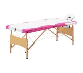 Masă pliabilă de masaj, 3 zone, alb și roz, lemn