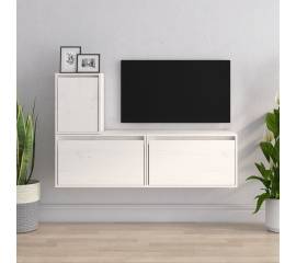 Comode tv, 3 buc., alb, lemn masiv de pin