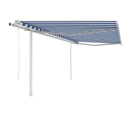 Copertină retractabilă automat, cu stâlpi, albastru&alb 4,5x3 m