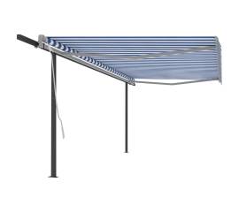 Copertină retractabilă manual, cu stâlpi, albastru & alb, 5x3 m