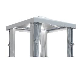 Pavilion cu perdele & șiruri lumini led, alb crem, 3x3 m