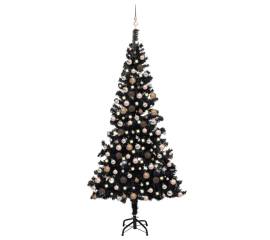 Brad de crăciun artificial cu led-uri&globuri negru 210 cm pvc