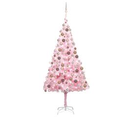 Brad de crăciun artificial cu led-uri&globuri roz 210 cm pvc