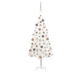 Set brad crăciun artificial cu led-uri/globuri, alb, 120 cm