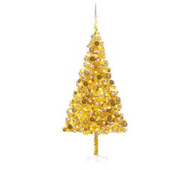 Set brad de crăciun artificial cu led&globuri auriu 210 cm pet