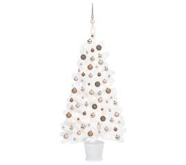 Set brad de crăciun artificial cu led-uri/globuri, alb, 90 cm