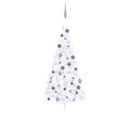 Set brad crăciun artificial jumătate cu led&globuri alb 210 cm
