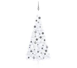 Set brad crăciun artificial jumătate cu led&globuri alb 240 cm