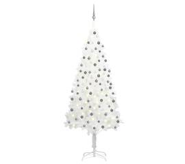 Set brad de crăciun artficial cu led-uri/globuri, alb, 210 cm