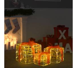 Cutii cadou de crăciun decorative, 3 buc., alb cald, acril