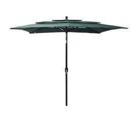 Umbrelă de soare 3 niveluri, stâlp aluminiu, verde, 2,5x2,5 m