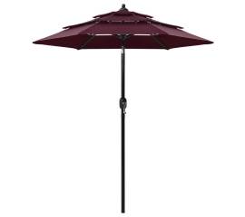 Umbrelă de soare 3 niveluri, stâlp aluminiu, roșu bordo, 2 m