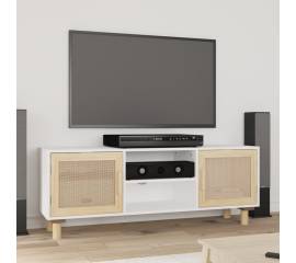 Comodă tv, alb, 105x30x40 cm lemn masiv pin și ratan natural