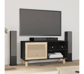 Comodă tv, negru, 80x30x40 cm, lemn masiv pin și ratan natural
