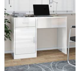 Birou cu sertar și dulap, alb extralucios, 100x40x73 cm, lemn