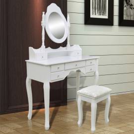 Masă de toaletă cu oglindă și taburet, 7 sertare, alb, 2 image