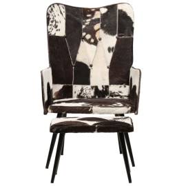 Scaun cu spătar înalt, cu taburet, negru, piele naturală, 2 image