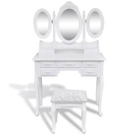 Masă de toaletă cu taburet și 3 oglinzi, alb, 2 image
