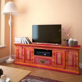 Comodă tv, lemn masiv de mango, pictată manual, roz, 6 image