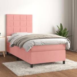 Pat box spring cu saltea, roz, 90x200 cm, catifea