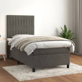 Pat box spring cu saltea, gri închis, 90x200 cm, catifea