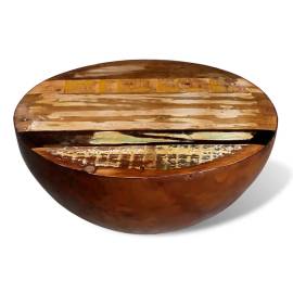 Măsuță cafea, formă de bol, bază din oțel, lemn masiv reciclat, 5 image