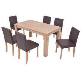 Masă și scaune 7 piese, piele artificială, stejar, maro, 3 image