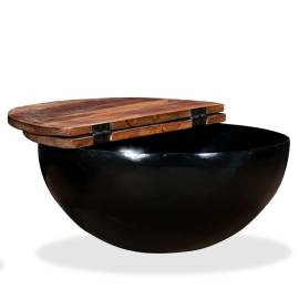 Măsuță de cafea, negru, lemn masiv reciclat, formă bol, 4 image