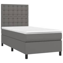 Pat box spring cu saltea, gri, 90x200 cm, piele ecologică, 3 image